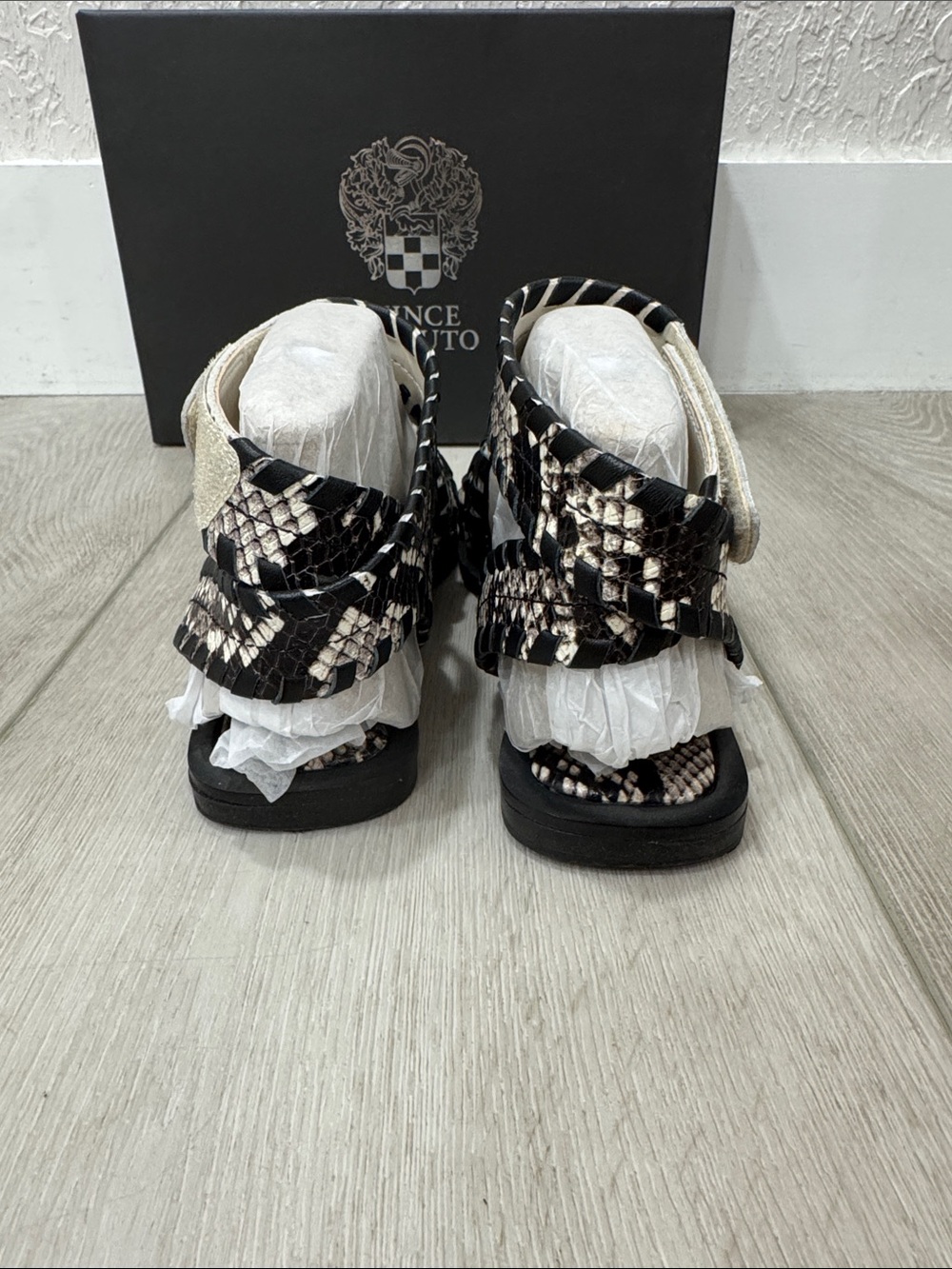 Vince Camuto Black & Beige Snake-Print Strappy Flat Sandals - Picture 4 of 6